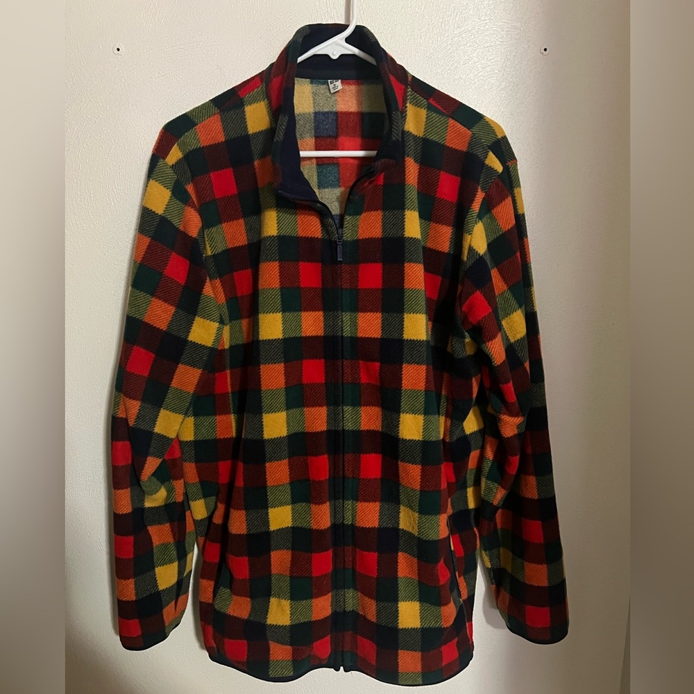 UNIQLO Classic Fleece Multi Colored Checkered Full Zip Jacket Red Yellow Mens XL